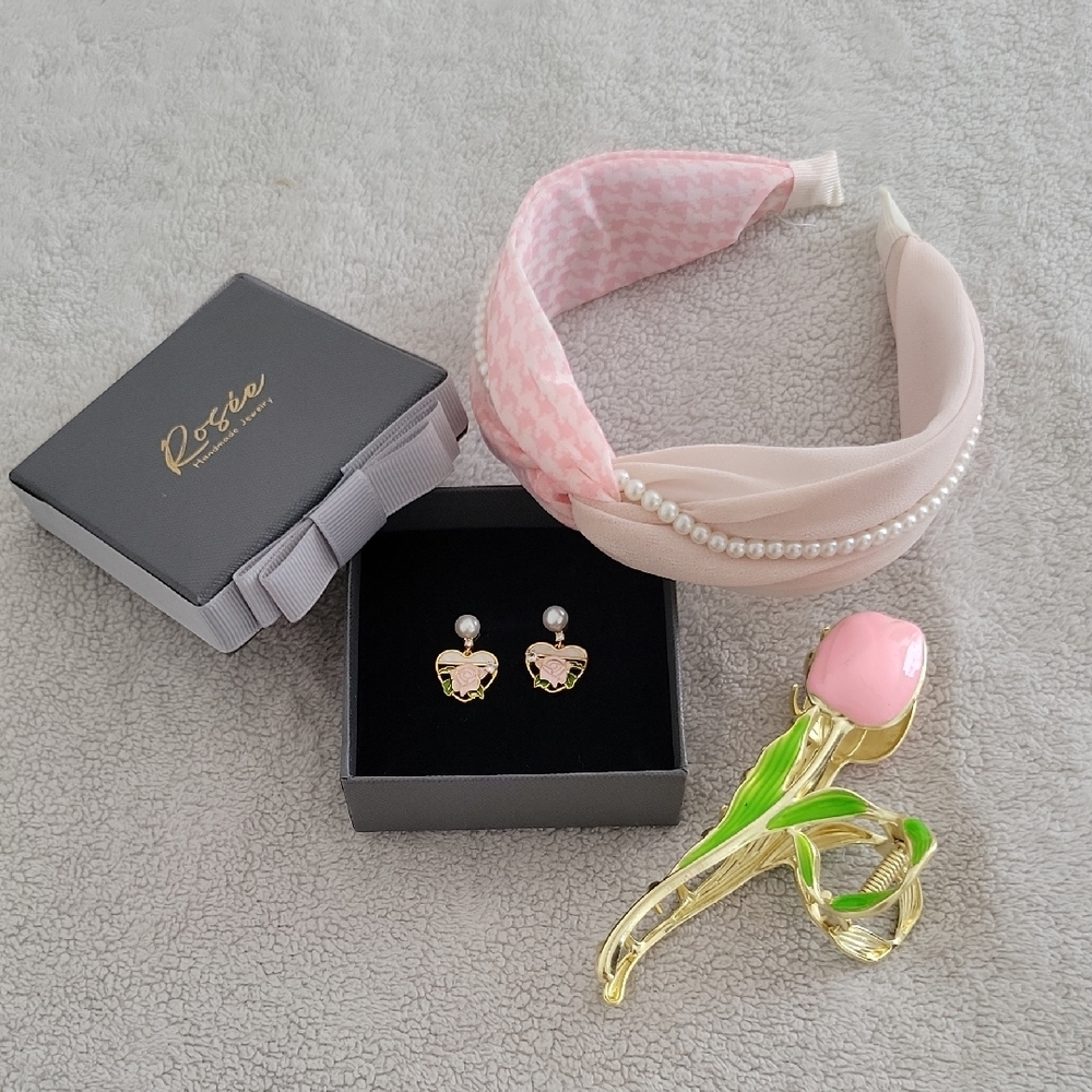 Pink Headband with Pearl Detail and Earrings Set with Hairclip